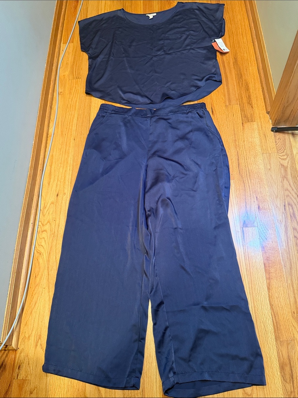 State of Day Navy Blue Two-Piece Wide-Leg Satin Pajama Set